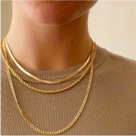Anthropologie Jewelry - New! Gold Necklace Herringbone Chain Stack Set NWOT